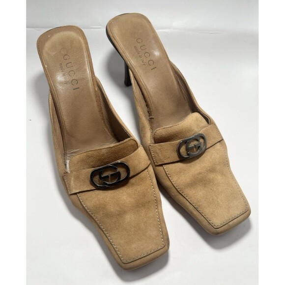 GUCCI Mules Tan Suede Kitten Heels GG Logo Slip On Vintage TOM FORD Era Sz 37 7 - Picture 3 of 16